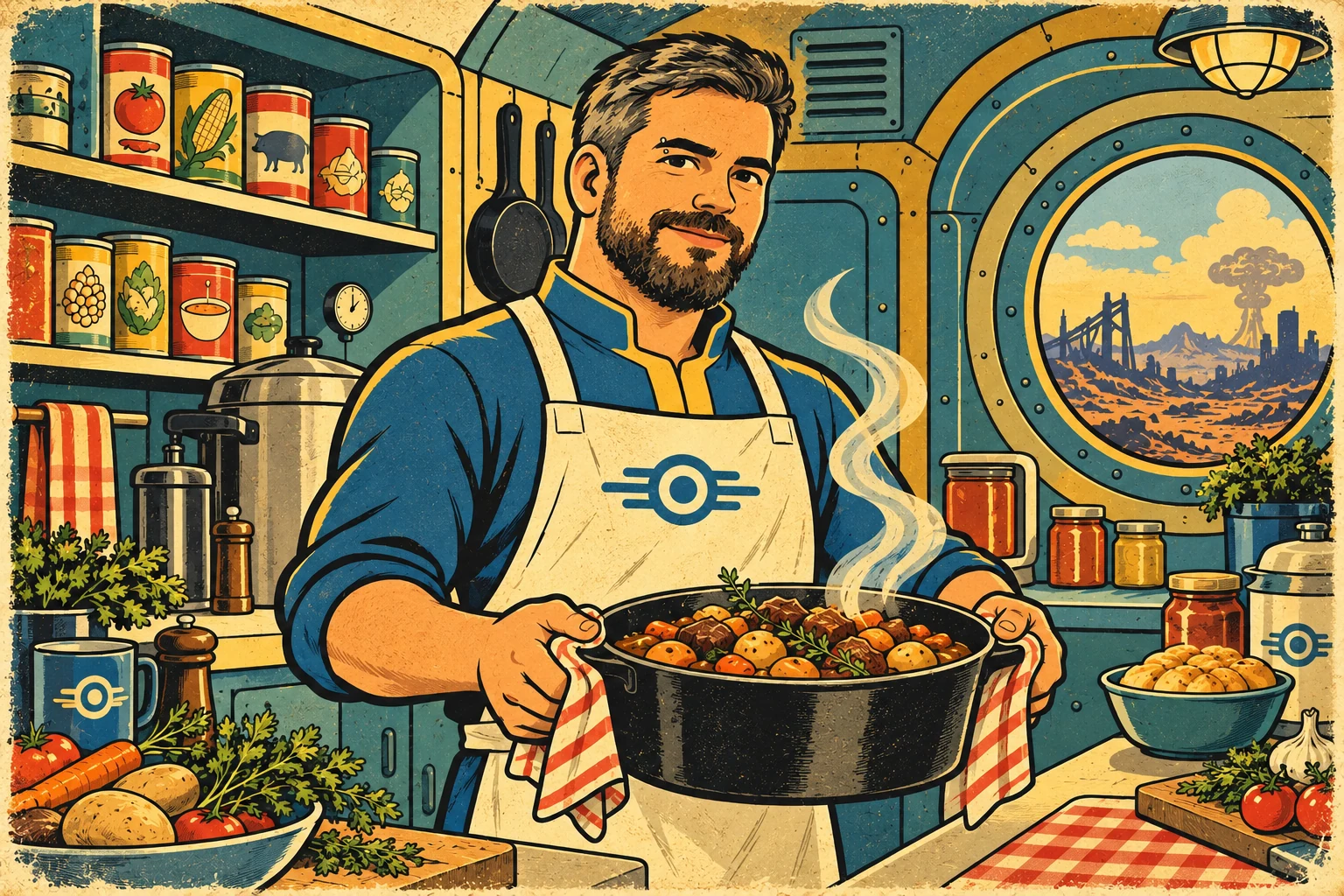 Ramiro Silvestre ilustrado como cocinero de un refugio de Fallout, con barba, pelo entrecano y piercing en la ceja
