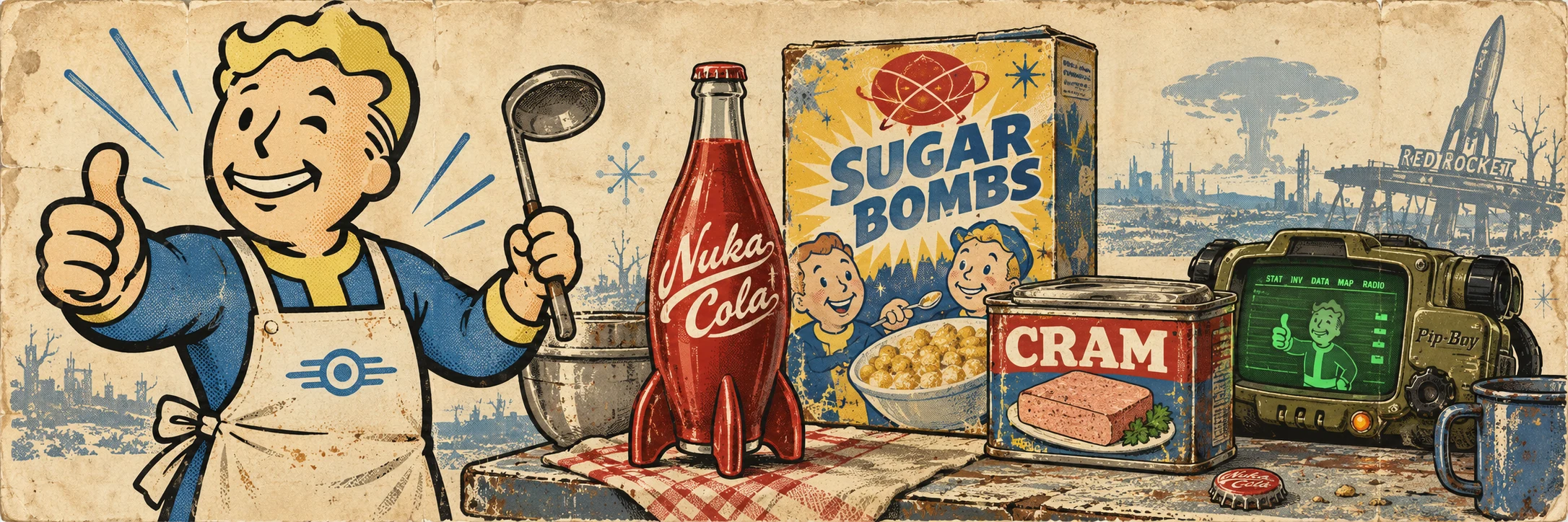Vault Boy cocinero junto a una Nuka-Cola, Sugar Bombs, una lata de Cram y un Pip-Boy